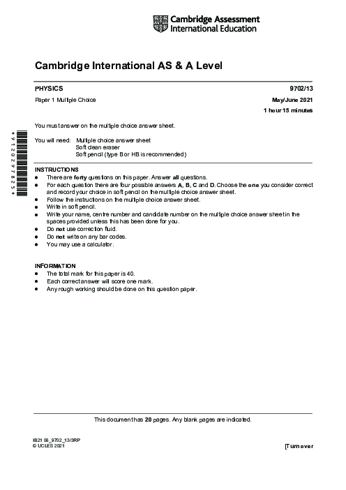 Paper 1, Variant 2, May June 2021 | Cambridge AS - A Level Physics (9702) Past Papers