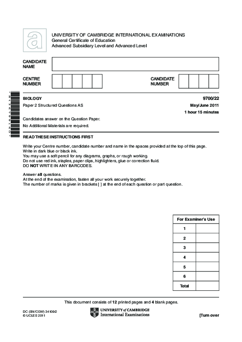 Biology 9700/12 May June 2011 | Cambridge AS Level Past Papers With Mark Scheme