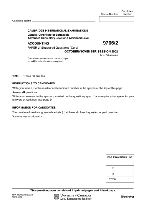 Accounting 9706/03 May June 2002 | Cambridge AS Level Past Papers With Mark Scheme