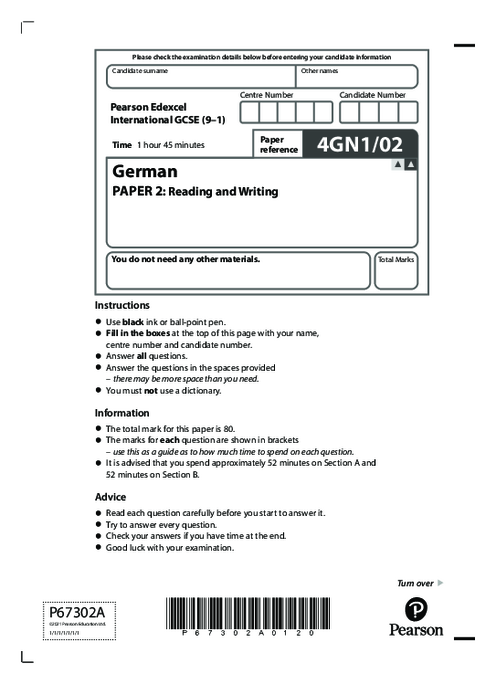  German 4GN1/02 June  2021 | Edexcel  IGCSE Past Papers With Mark Scheme