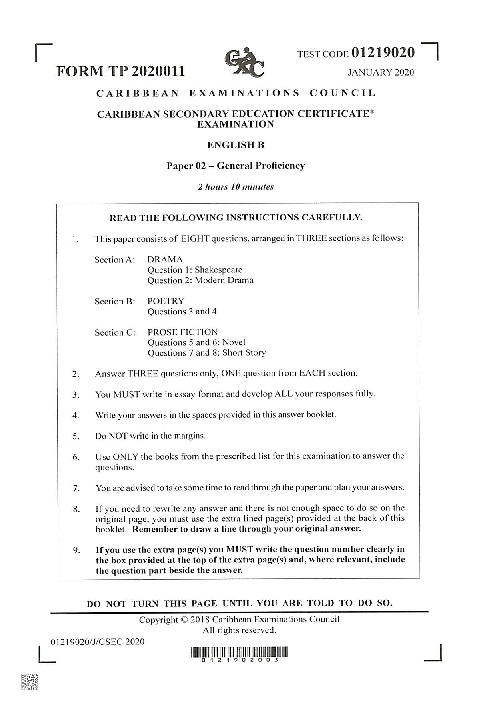 English B January 2020 Paper 2
