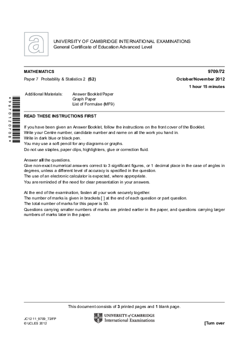 Mathematics 9709/72 Oct Nov 2012 | Cambridge AS & A Level Past Papers With Mark Scheme