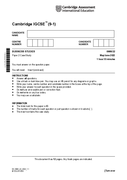 Paper 2, Variant 1, May June 2022 | Cambridge 9–1 GCSE  Business Studies (0986) Past Papers