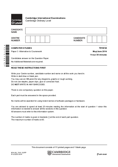 Computer Studies 7010/32 May June 2014 | Cambridge O-Level Past Papers With Mark Scheme