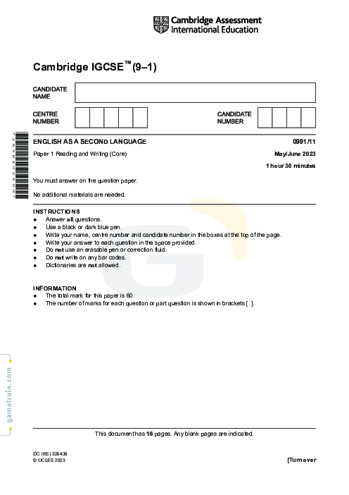 English as a Second Language 0991/11 May June 2023