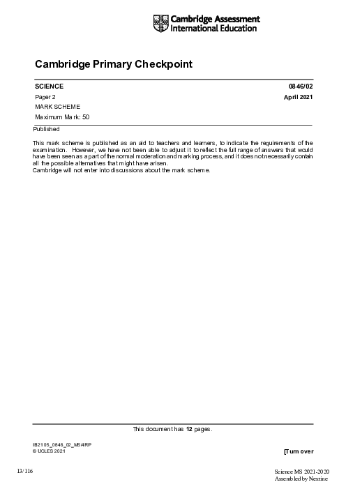 SCIENCE 0846,02 April 2021 | Cambridge Primary Checkpoint Past Papers with Mark Schemes
