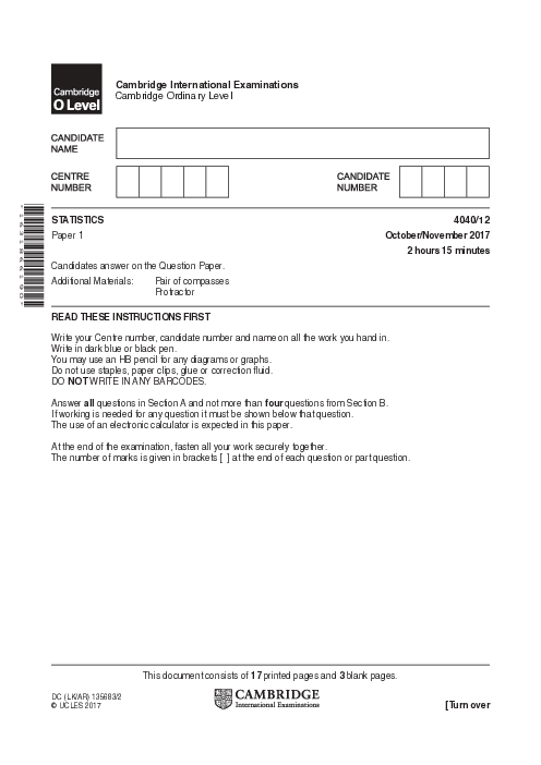  Statistics 4040/12 Oct Nov 2016 | Cambridge O-Level Past Papers With Mark Scheme