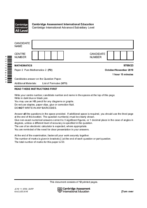 Mathematics 9709/21 Oct Nov 2019 | Cambridge AS & A Level Past Papers With Mark Scheme