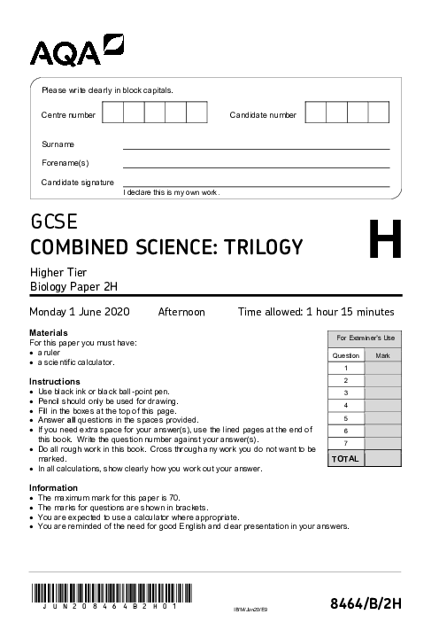 Combined Science 8464/2H June 2020