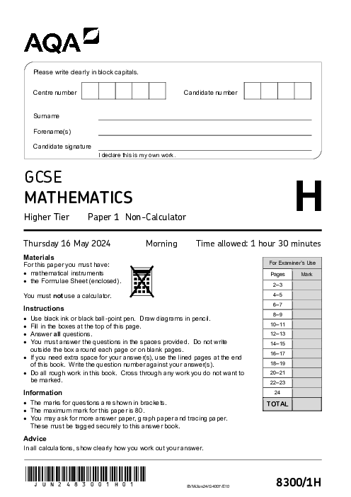  Mathematics 8300/1H June 2024