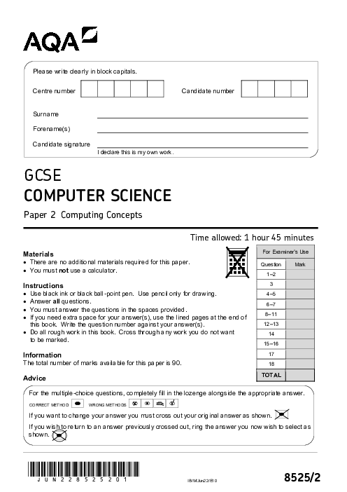 Computer Science 8525/2 June 2022