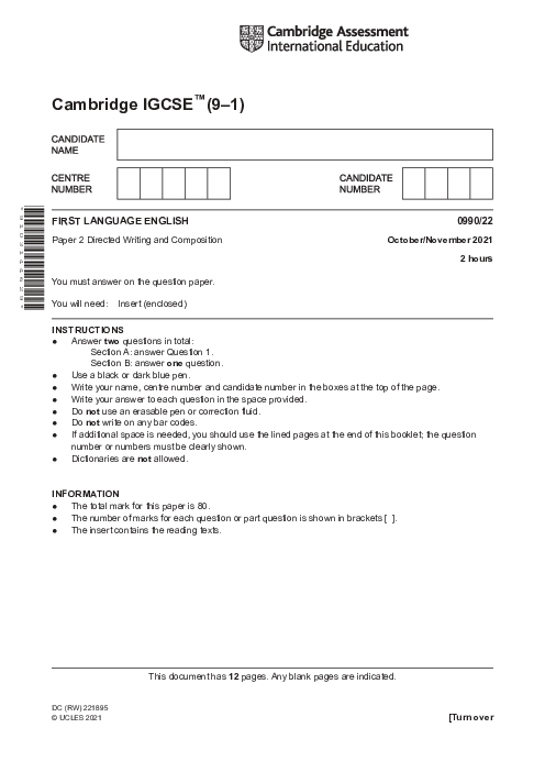 Paper 2, Variant 2, Oct Nov 2021 | Cambridge 9–1 GCSE  English First Language (0990) Past Papers