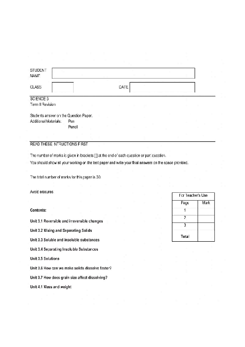 Grade 5 Science Term 2 past paper with answer