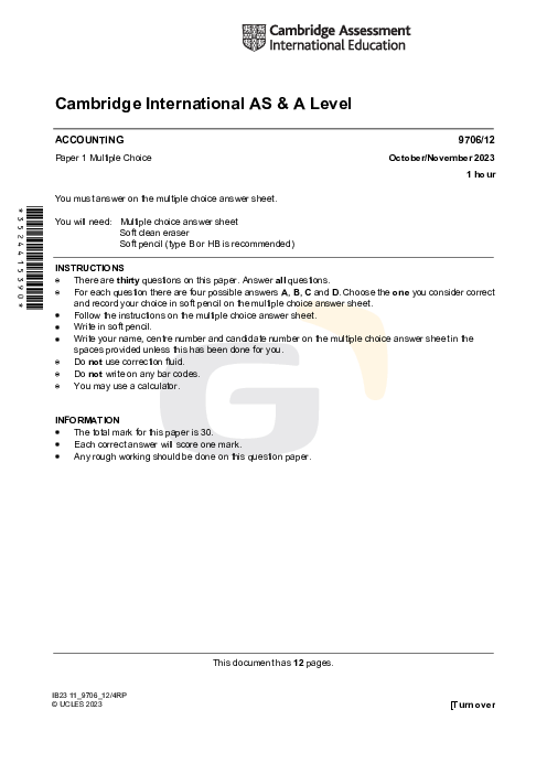 Accounting 9706/12 Oct Nov 2023 | Cambridge AS Level Past Papers With Mark Scheme