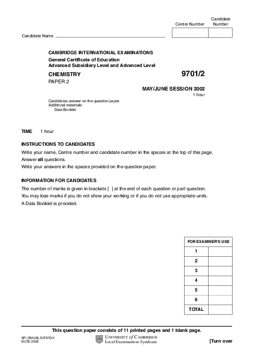 Chemistry 9701/02 May June 2002 | Cambridge AS Level Past Papers With Mark Scheme