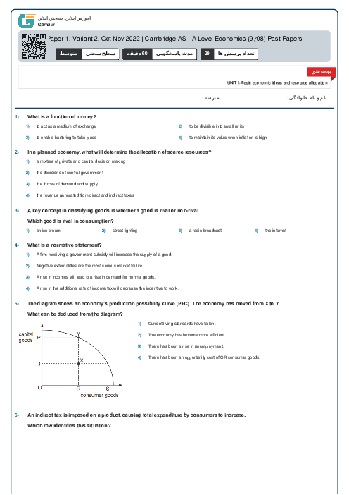 9708/12 Economics Oct Nov 2022 Online Test | Cambridge AS and A Level MCQ