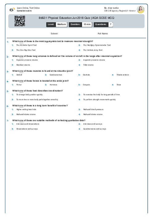 8582/1 Physical Education Jun 2018 Quiz | AQA GCSE MCQ