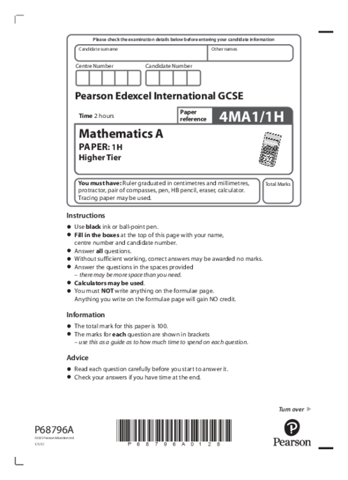  Mathematics A 4MA1/1H May June  2022 | Edexcel IGCSE Past Papers With Mark Scheme