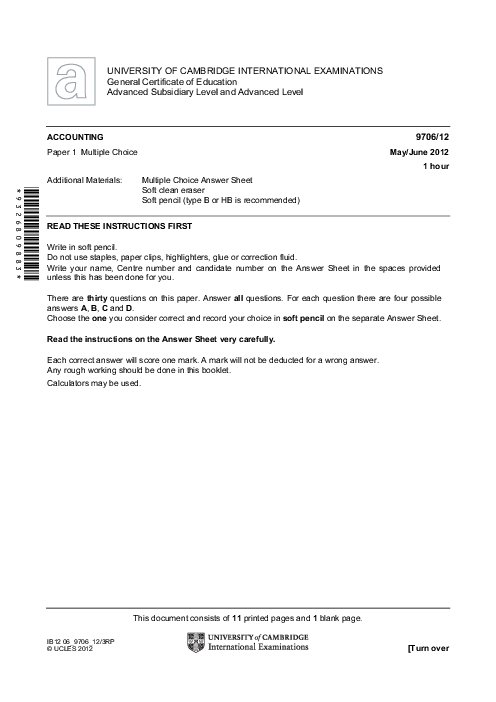 Accounting 9706/11 May June 2012 | Cambridge AS Level Past Papers With Mark Scheme