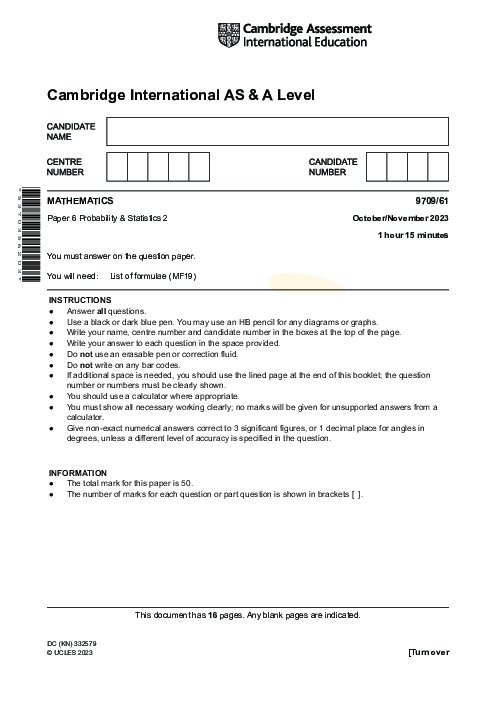 Mathematics 9709/61 Oct Nov 2023 | Cambridge AS & A Level Past Papers With Mark Scheme