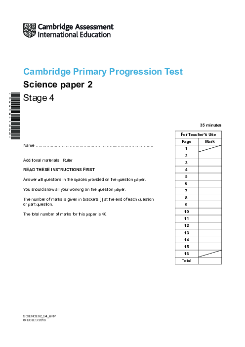 Cambridge Progression Test Stage 4 Science 2018 Paper 2 With Mark Scheme