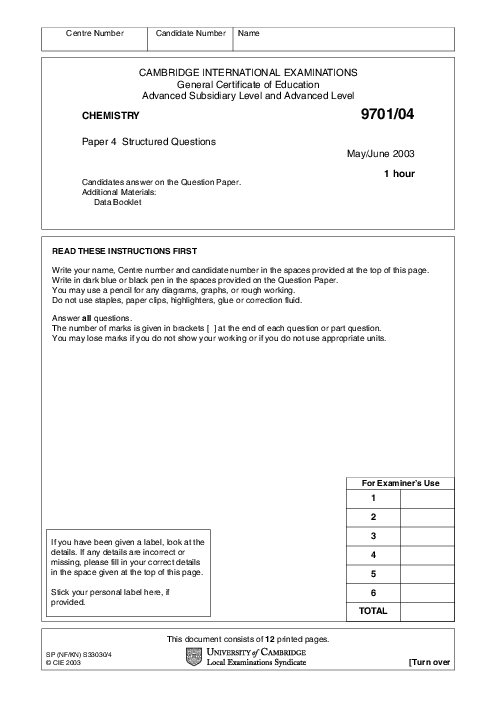 Chemistry 9701/02 May June 2003 | Cambridge AS Level Past Papers With Mark Scheme