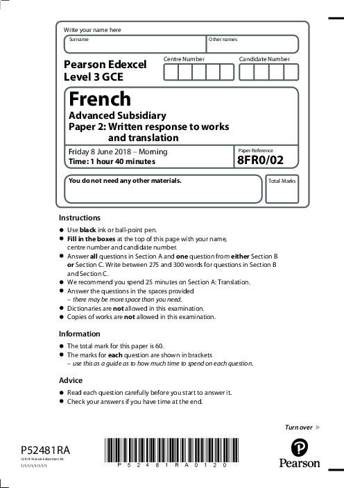   French  8FR0/02 June  2018 | Edexcel  AS Level Past Papers With Mark Scheme