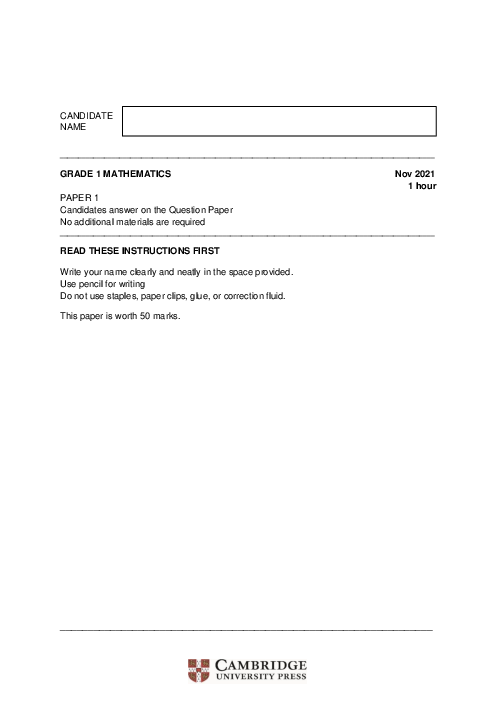 Cambridge Grade 1 Math Paper 1 with Answers | PDF Free Download (Nov 2021)