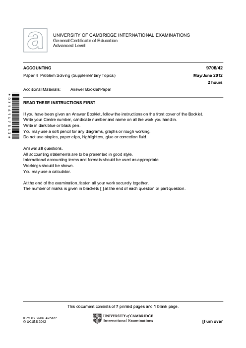 Paper 2, Variant 3, May June 2012 | Cambridge AS and A Level Accounting (9706) Past Papers