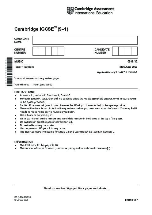 Paper 1, Variant 2, May June 2020 | Cambridge 9–1 GCSE  Music (0978) Past Papers