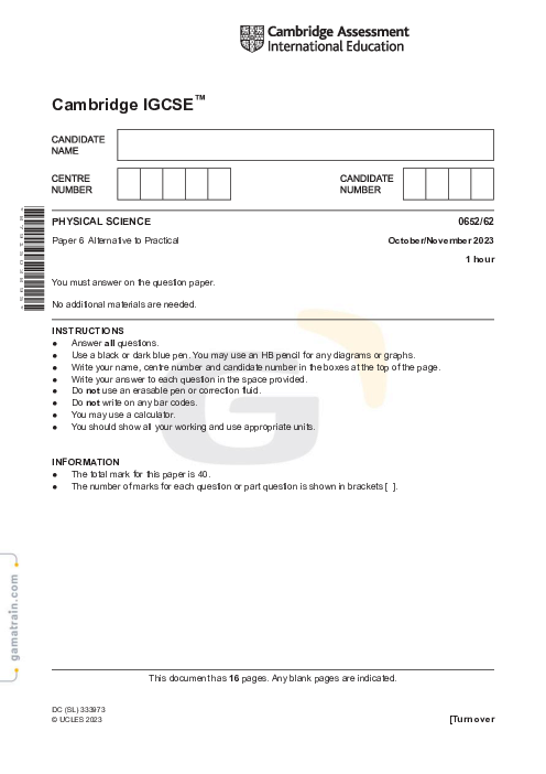 Physical Science 0652/62 Oct Nov 2023