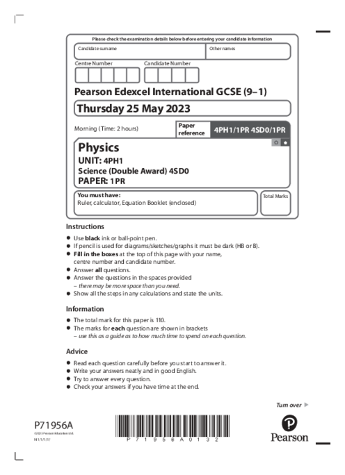  Physics 4PH1/1PR May June  2023 | Edexcel IGCSE Past Papers With Mark Scheme
