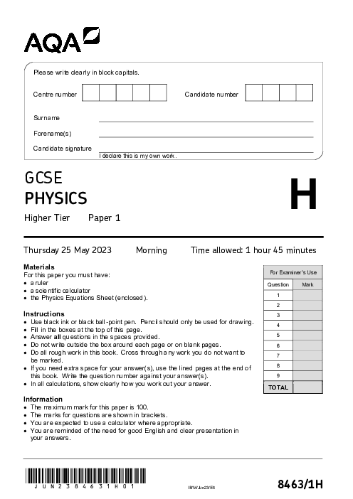 Physics 8463/1H June 2023