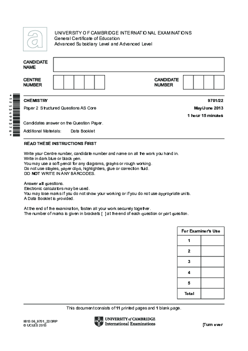 Chemistry 9701/21 May June 2013 | Cambridge AS Level Past Papers With Mark Scheme