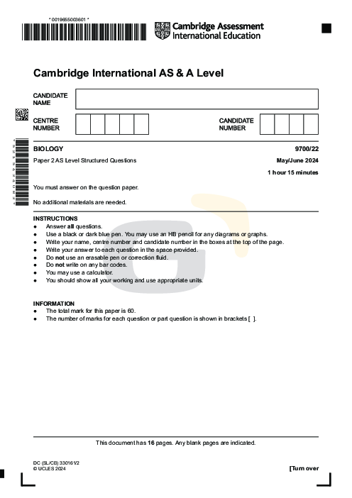 Biology 9700/22 May June 2024 | Cambridge AS Level Past Papers With Mark Scheme