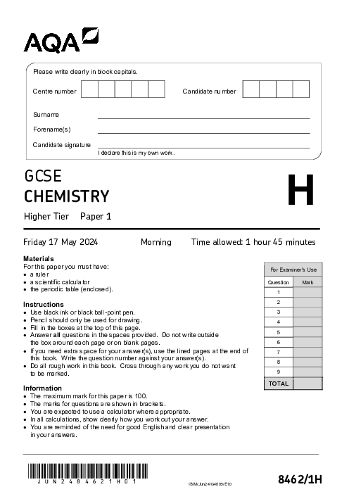 Chemistry 8462/1H June 2024