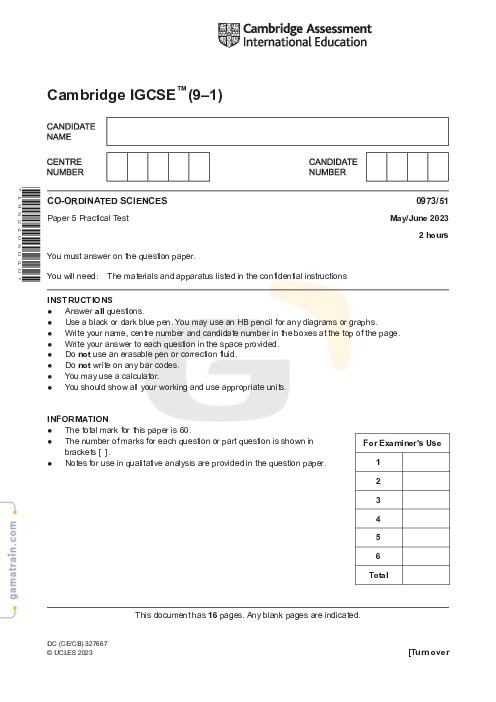 Sciences - Co-ordinated 0973/51 May June 2023