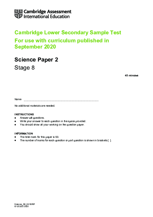 Cambridge Progression Test Stage 8 Science 2020 Paper 2