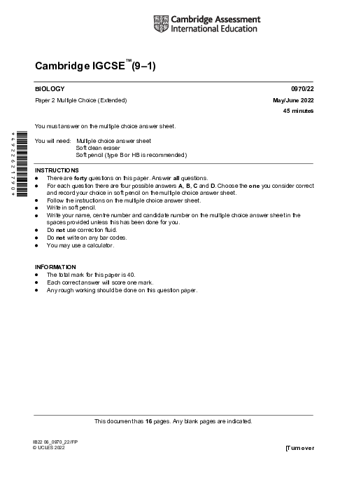 Paper 2, Variant 2, May June 2022 | Cambridge 9–1 GCSE  Biology (0970) Past Papers