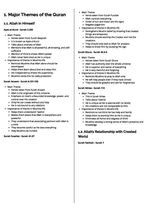  Islamiyat (0493) Major Themes of the Quran Revision Note