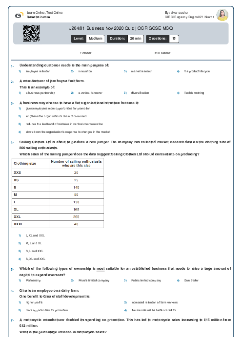  J204/01 Business Nov 2020 Quiz | OCR GCSE MCQ