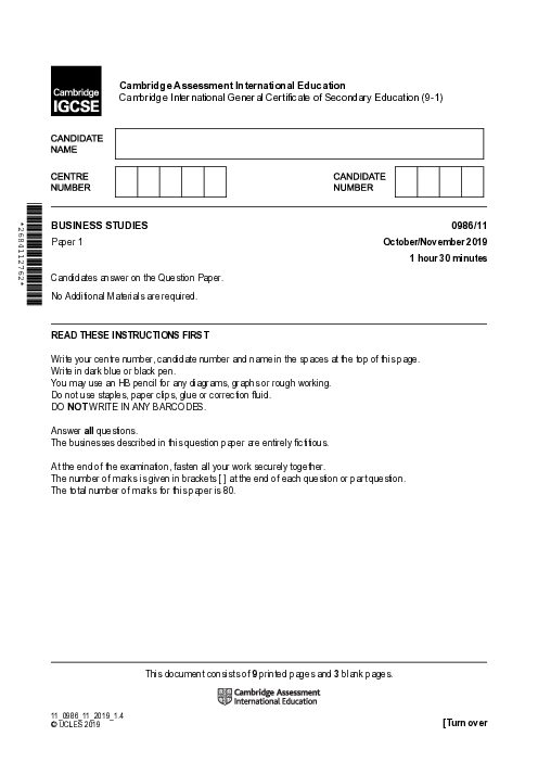  Business Studies 0986/11 Oct Nov 2019 | Cambridge 9–1 IGCSE Past Papers With Mark Scheme
