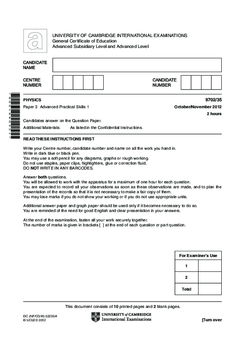 Paper 3, Variant 1, Oct Nov 2012 | Cambridge AS - A Level Physics (9702) Past Papers