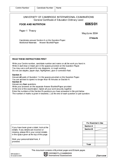 Food & Nutrition 6065/01 May June 2004