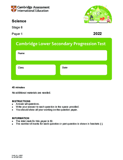 Cambridge Progression Test Stage 8 Science 2022 Paper 1