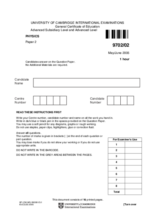 Paper 3, May June 2005 | Cambridge AS - A Level Physics (9702) Past Papers