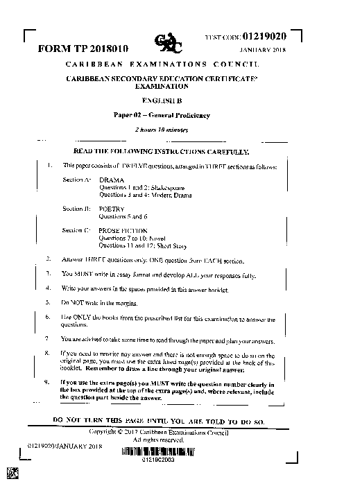 English B January 2018 Paper 2