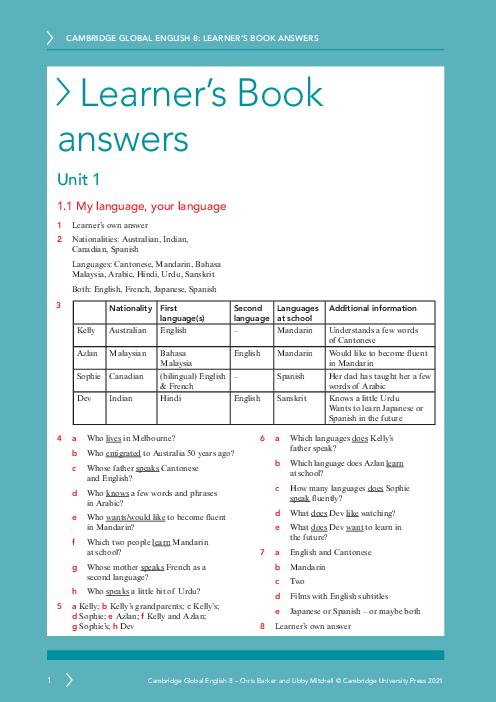 Global English 8 , Learner′s Answers Lower Secondary Checkpoint | PDF 