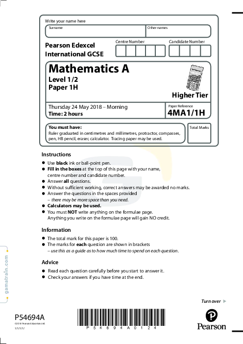 Mathematics (A) 4MA1/1H May Jun  2018