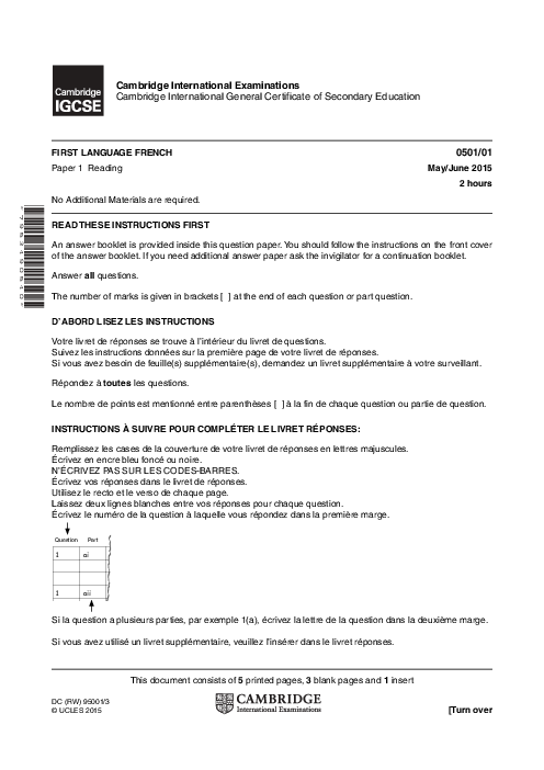French First Language 0501/01 May June 2015